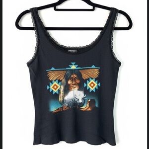 VINTAGE 90s Bikercore Graphic Tank Top M | Lace Trim Cropped 3D Emblem Style